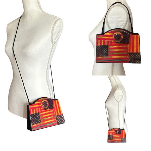 Vtg 90s ANGELA FRASCONE Acrylic USA Stars & Stripes Print Crossbody Shoulder Bag - Picture 1 of 6